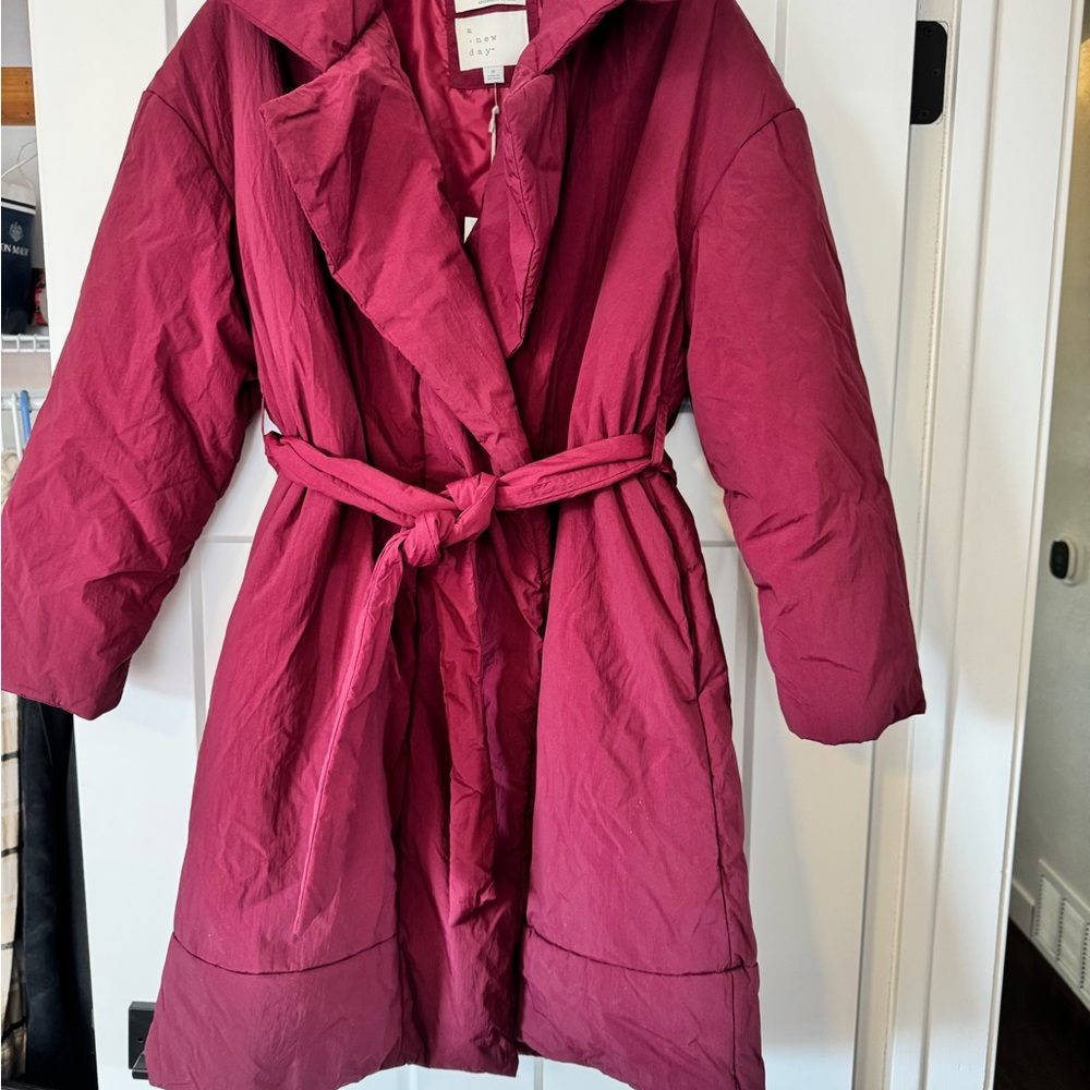 a new day Raspberry Quilted Belted Puffer